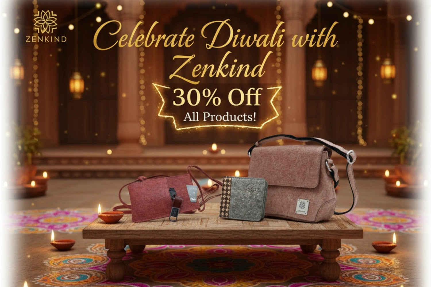 Promotional image for Zenkind with bags and Diwali decorations, featuring a 30% off offer.