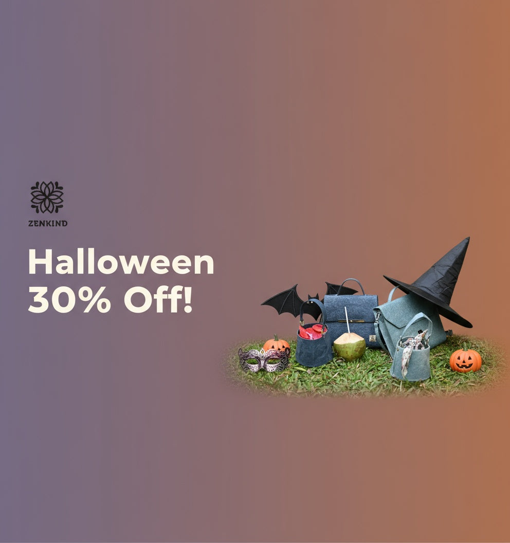 Halloween-themed display with bags, a hat, and pumpkins on a gradient background with 'Zenkino' branding and 'Halloween 30% Off!' text.