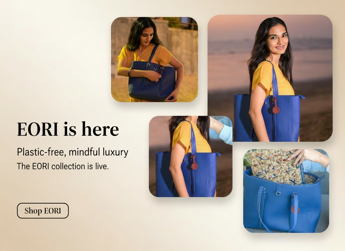 Promotional image of a woman with a blue bag, featuring text about EORI's plastic-free collection.